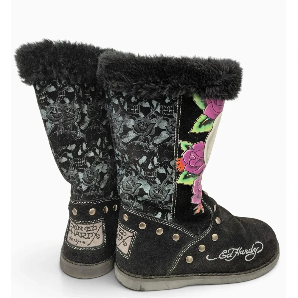 Vintage 2009 Ed Hardy Skull Rose Boots Womens 6 Suede Faux Fur Studded Y2K